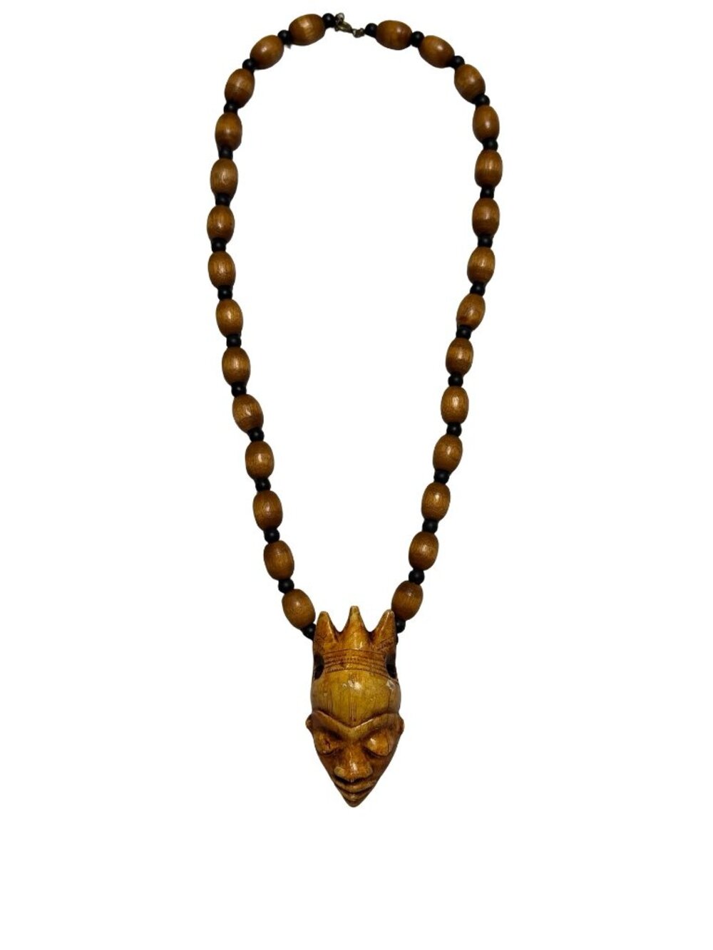 Vintage Carved Wooden Tribal Mask Necklace Beaded Wood Pendant 20”